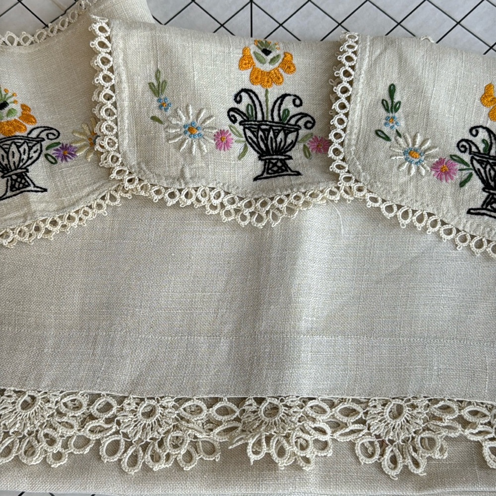 Vintage Hand-Embroidered Linen Table Runner & Doily Set – Floral Baskets
